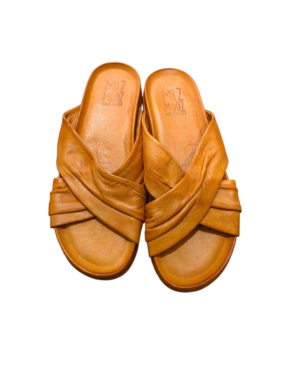 Miz Mooz Talisa Tan Leather Crisscross Slide Sandals Size 38 (7.5/8)